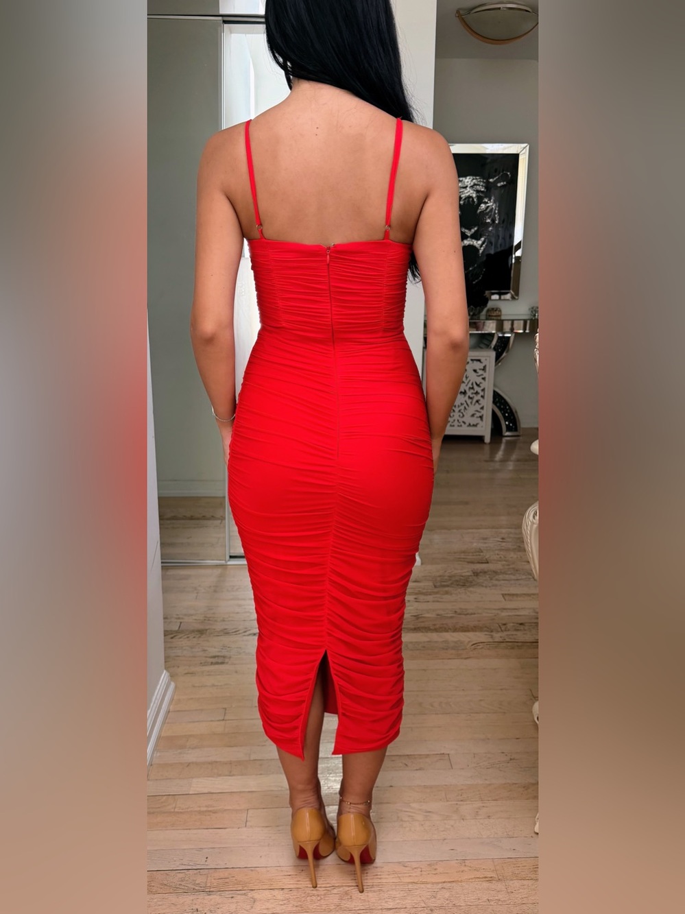 Club L London Red Ruched Bodycon Midi Dress | US 4 - Picture 2 of 6